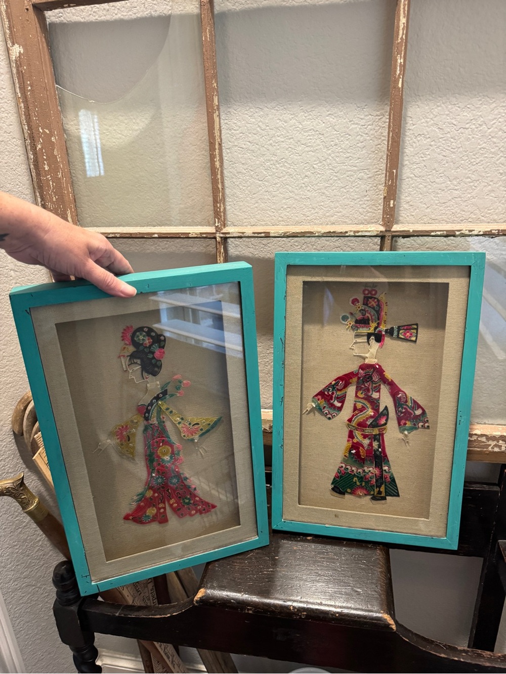 Vintage Pair of Chinese Wax Paper Cuttings, Pi Ying Xi Puppets, Chinoiserie, Fra